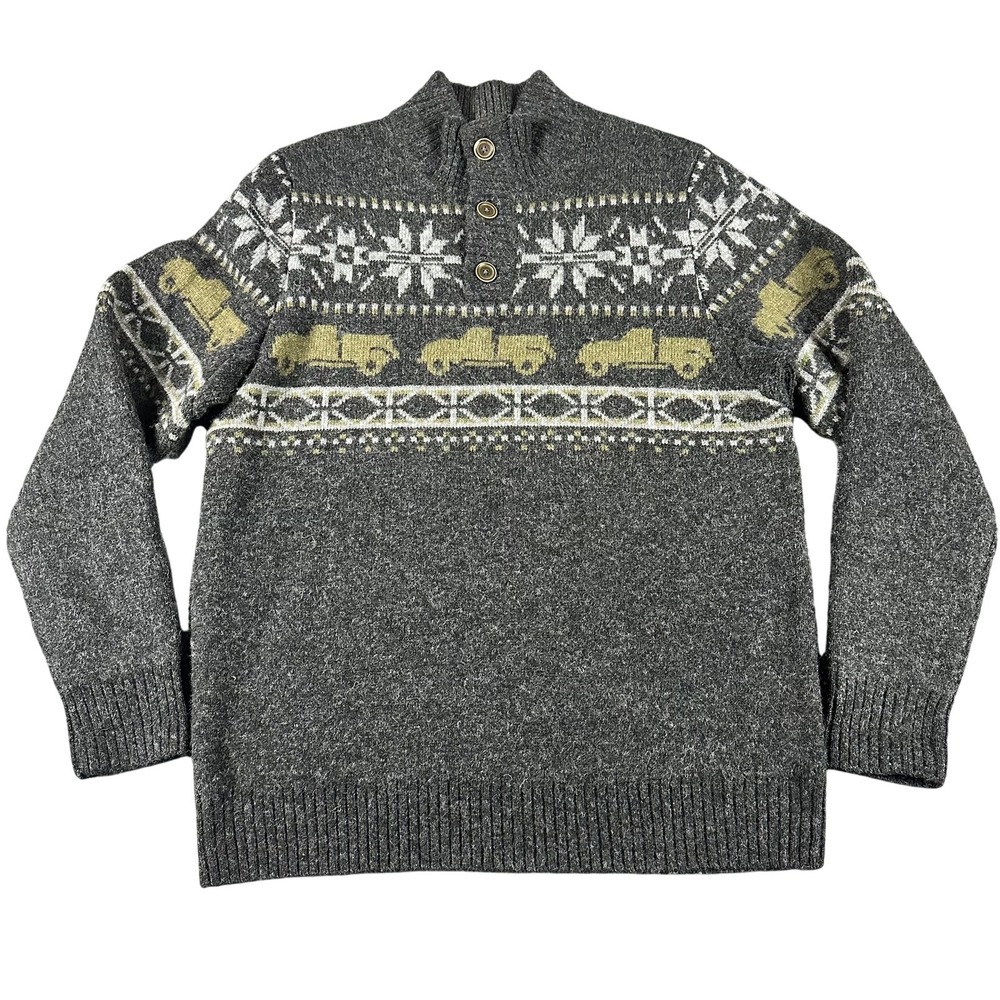 Duluth Sweater Mens Medium Gray Shetland Wool Pullover Trucks Fair Isle Winter